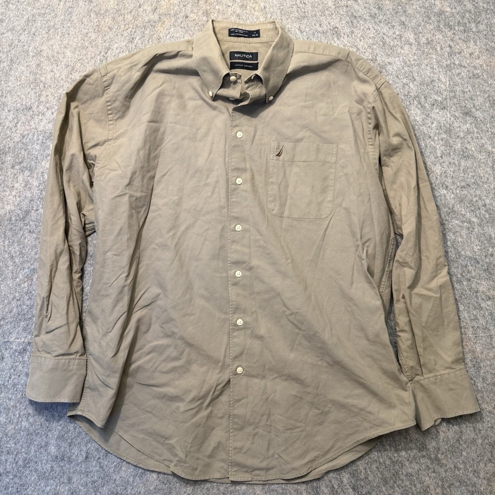 Nautica Vintage Oxford Mens 17 34/35 Solid Beige Oxford Cotton Button Down